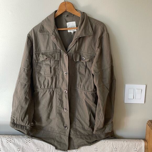 AVEC LES FILLES Cotton Military Jacket Olive Green Drawstring Button Size L - Picture 2 of 6